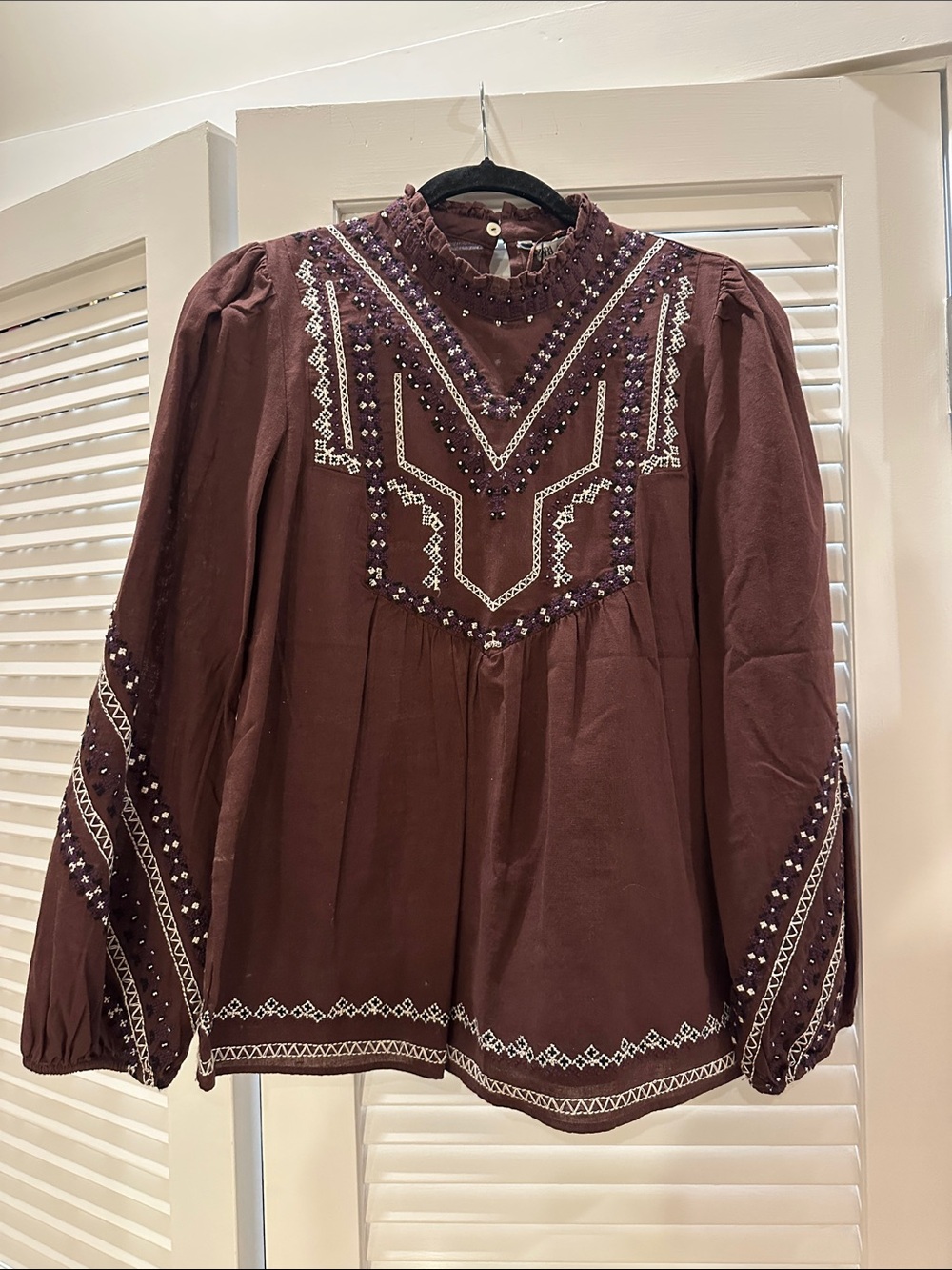 Zara Chocolate Brown Embroidered High-Neck Blouse